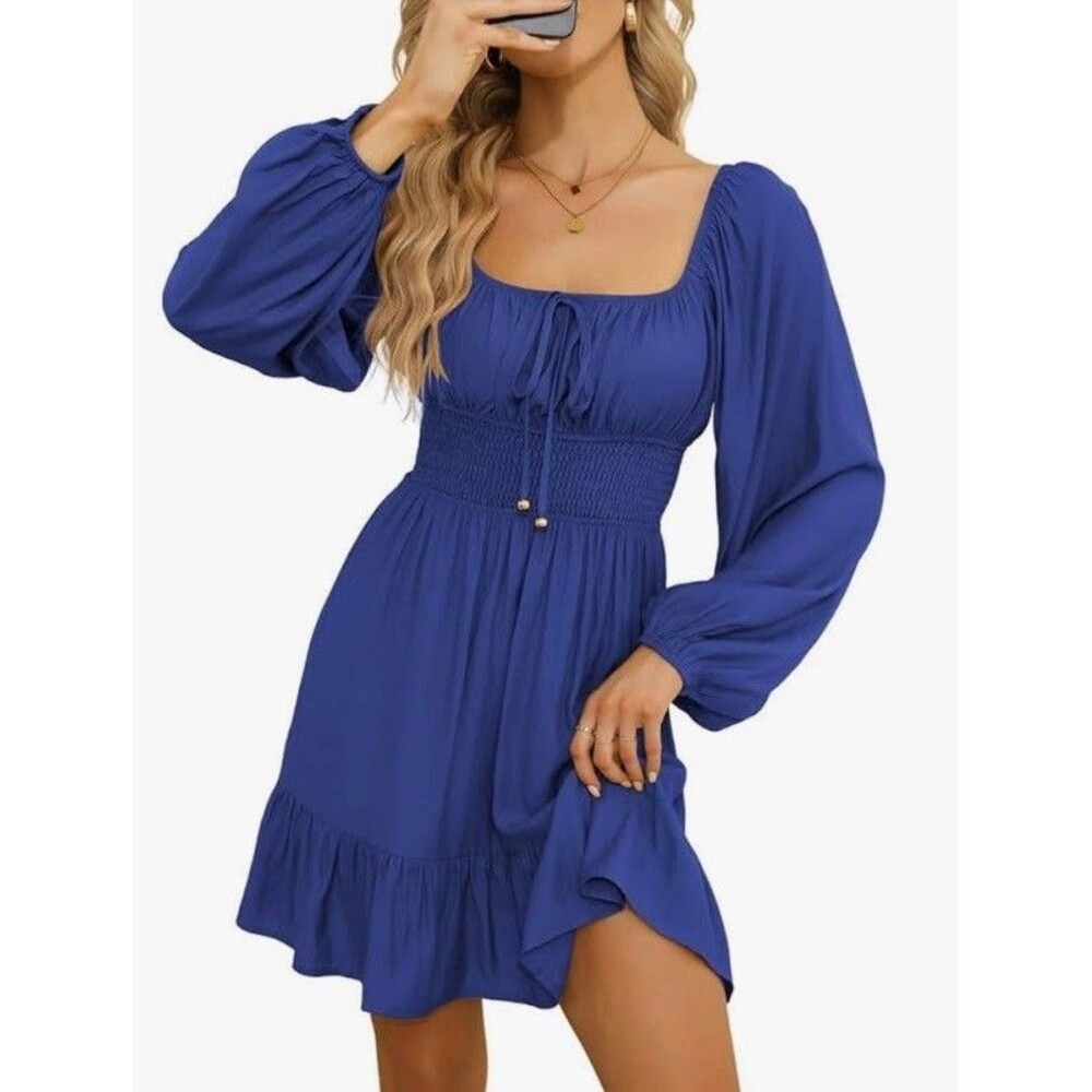 Dokotoo L Milkmaid Mini Dress L Square Neck Lantern Sleeve Smocked Boho Coquette